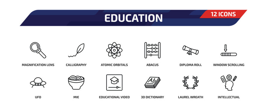 education outline icon set. 12 linear vector for ui, web and mobile. thin line magnification lens, calligraphy, atomic orbitals and more icons.