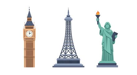 Iconic landmarks: big ben eiffel tower and statue of liberty in flat © Santafe