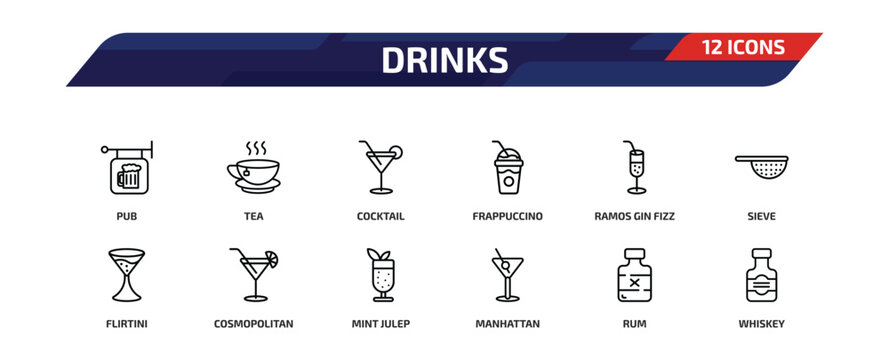drinks outline icon set. 12 linear vector for ui, web and mobile. thin line pub, tea, cocktail and more icons.