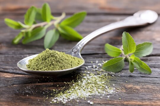 Stevia rebaudiana plant leaves and powder in spoon
