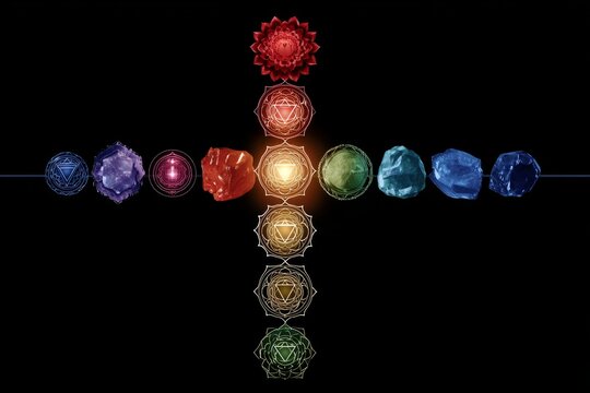 Chakra energy system with healing crystals and spiritual symbols