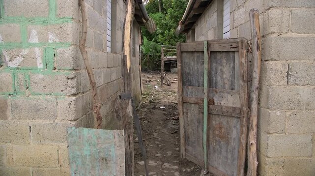 Pathway into family yard within migrant sugar worker camp, featuring concrete block walls with graffiti, open-air sheds, poultry scavenging amid tropical greenery.