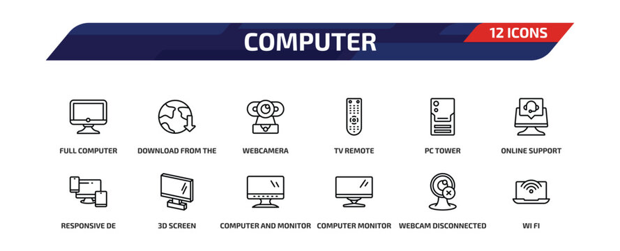 computer outline icon set. 12 linear vector for ui, web and mobile. thin line full computer, download from the net, webcamera and more icons.