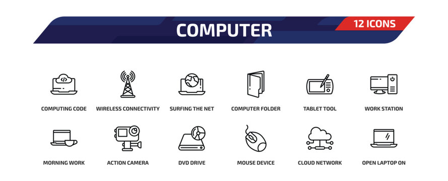 computer outline icon set. 12 linear vector for ui, web and mobile. thin line computing code, wireless connectivity, surfing the net and more icons.