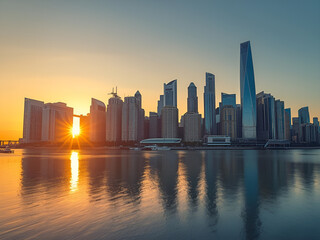 Obraz premium Modern city skyline with skyscrapers by the water during golden hour, urban architecture and business district concept