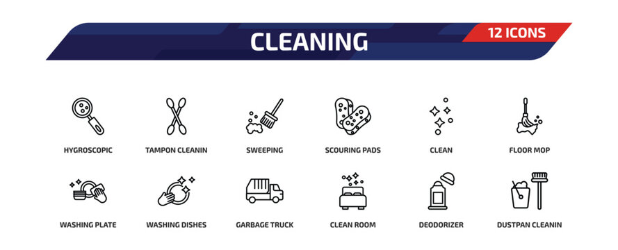 cleaning outline icon set. 12 linear vector for ui, web and mobile. thin line hygroscopic, tampon cleanin, sweeping and more icons.