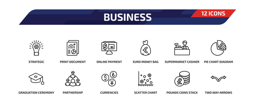 business outline icon set. 12 linear vector for ui, web and mobile. thin line strategic, print document, online payment and more icons.