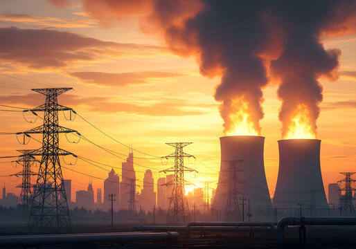 Industrial landscape with cooling towers and power lines at sunset
