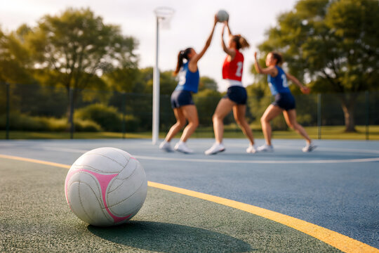 Netball on outdoor court with ball in foreground and players competing in background