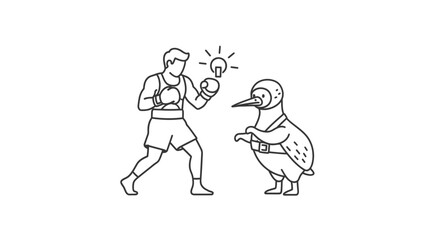 Fototapeta premium Minimalist line art illustration depicting a boxer with a brilliant idea confronting a peculiar bird