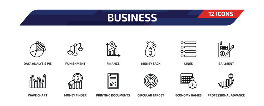 business outline icon set. 12 linear vector for ui, web and mobile. thin line data analysis pie chart, punishment, finance and more icons.
