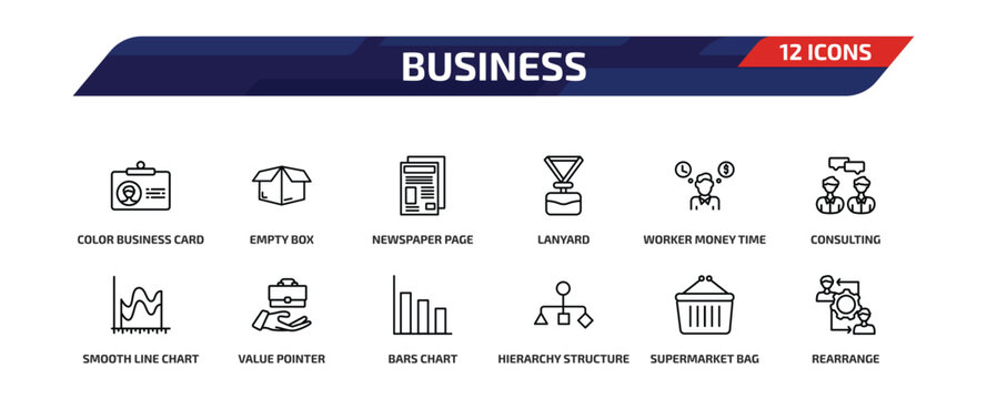 business outline icon set. 12 linear vector for ui, web and mobile. thin line color business card, empty box, newspaper page and more icons.