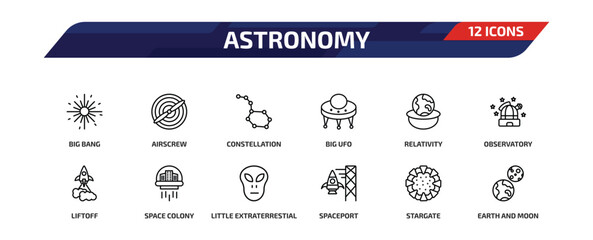 astronomy outline icon set. 12 linear vector for ui, web and mobile. thin line big bang, airscrew, constellation and more icons. © Farahim