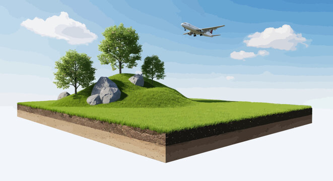 A 3D cross-section of a vibrant green landscape with trees and rocks sits beneath a blue sky as an airplane flies overhead.