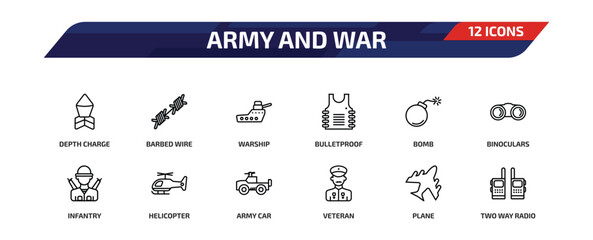 army and war outline icon set. 12 linear vector for ui, web and mobile. thin line depth charge, barbed wire, warship and more icons. © Farahim