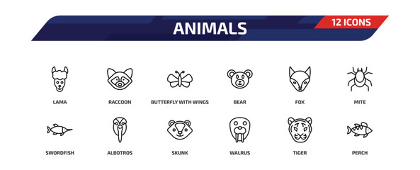 animals outline icon set. 12 linear vector for ui, web and mobile. thin line lama, raccoon, butterfly with wings and more icons. © Farahim