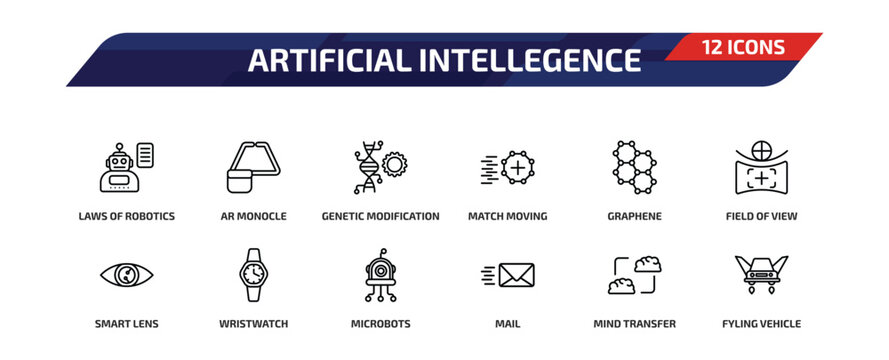 artificial intellegence outline icon set. 12 linear vector for ui, web and mobile. thin line laws of robotics, ar monocle, genetic modification and more icons.