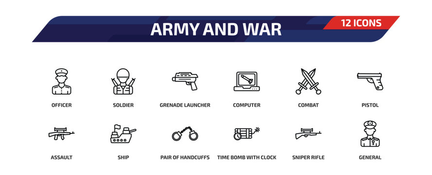 army and war outline icon set. 12 linear vector for ui, web and mobile. thin line officer, soldier, grenade launcher and more icons.