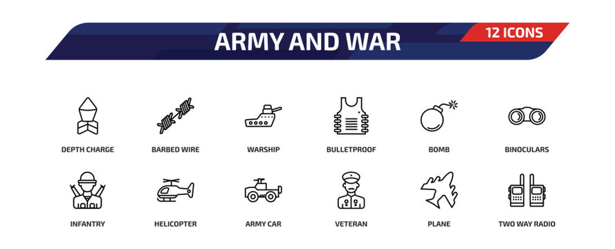 army and war outline icon set. 12 linear vector for ui, web and mobile. thin line depth charge, barbed wire, warship and more icons.