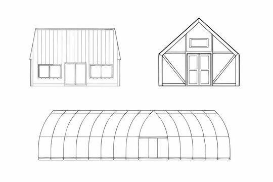 Line drawing of three distinct building structures gable a frame and quonset