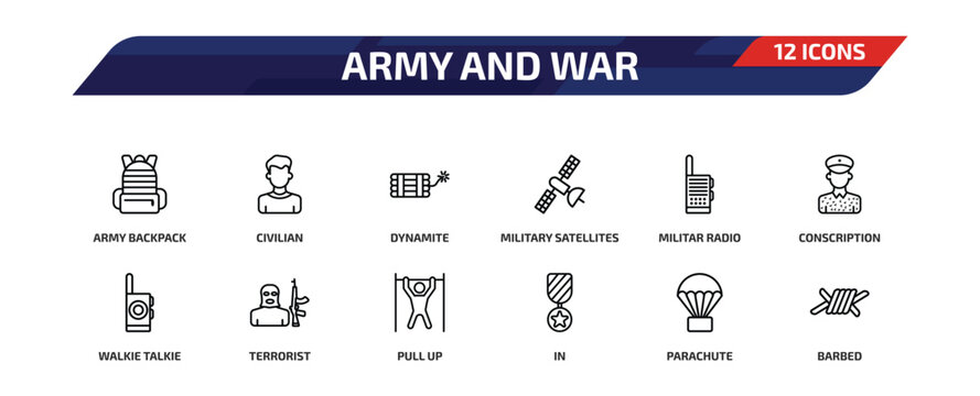 army and war outline icon set. 12 linear vector for ui, web and mobile. thin line army backpack, civilian, dynamite and more icons.