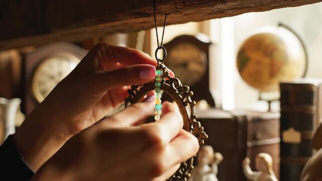 Close-up of a person's hands with lilac nail polish attaching a string of iridescent opal beads to a small ornate vintage metal frame in a rustic antique shop or workshop setting.