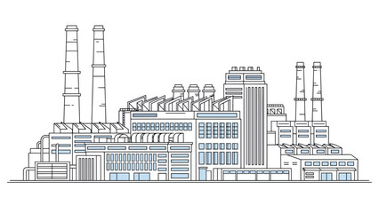 Naklejka premium Detailed outline illustration of a large industrial factory complex with multiple chimneys, pipes, and buildings for manufacturing themes.