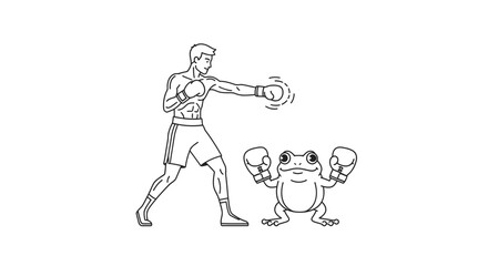 Fototapeta premium Dynamic cartoon illustration of a determined boxer sparring with an amusing frog wearing boxing
