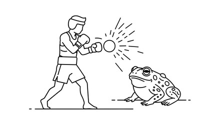 Obraz premium Whimsical monochrome illustration of a boxer delivering a glowing punch towards a stoic, speckled