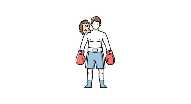 Cartoon boxer with a hedgehog companion ready for an animated ring challenge on white background