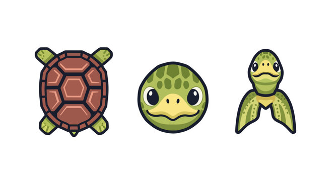 Cute cartoon turtles set with shell face and swimming tortoise