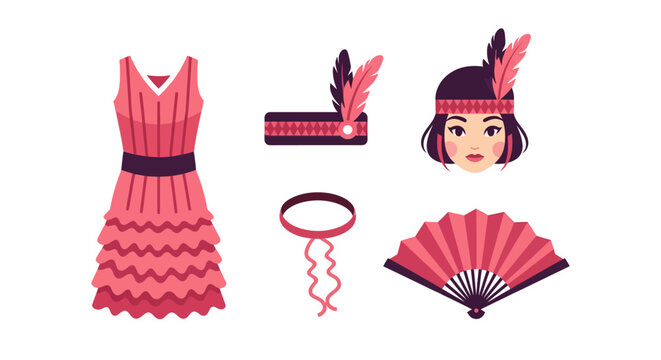 Vintage flapper fashion elements with pink dress and accessories