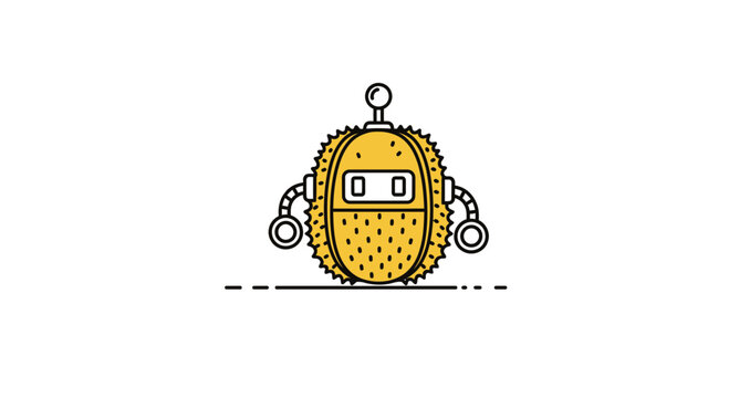 Charming cartoon robot character with a durian fruit body and simple mechanical features