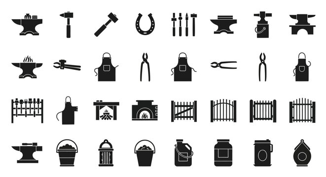 Blacksmith tools and forge icons set in silhouette style for craft