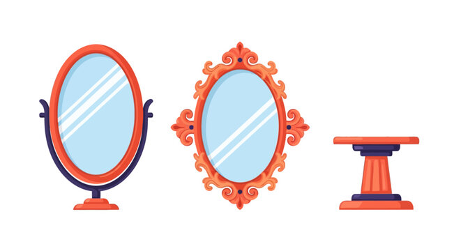 Elegant vanity mirrors and pedestal set with ornate frames and