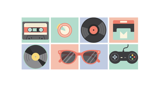 Retro icons collection featuring cassette vinyl sunglasses and game