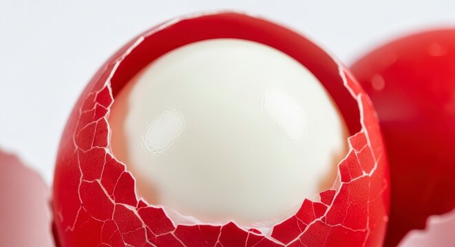 Cracked red egg with white interior.