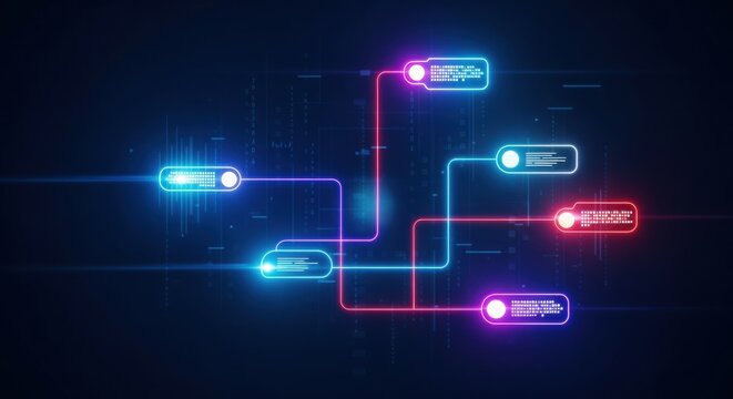 A futuristic digital flowchart with neon-lit nodes and connecting lines, representing data or network communication against a dark tech background.