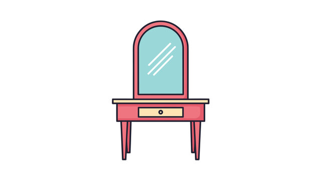 Pink wooden dressing table with an oval mirror and a single drawer shown in a simple flat vector line art illustration.