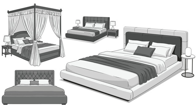 Selection of bedroom furniture showing different bed styles including a canopy bed and modern platform designs in grayscale.