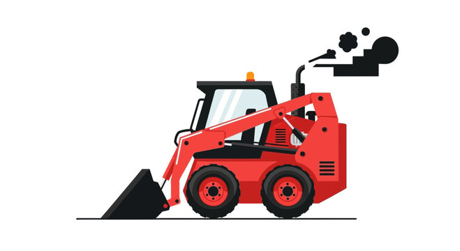 Red Skid Steer Loader Vehicle With Bucket And Exhaust Emission