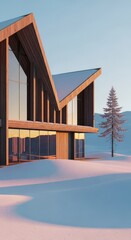 Fototapeta premium Opulent timber chalet nestled in a pristine snowy landscape, offering a perfect blend of rustic charm and sophisticated winter luxury, cold, scenic, frosty