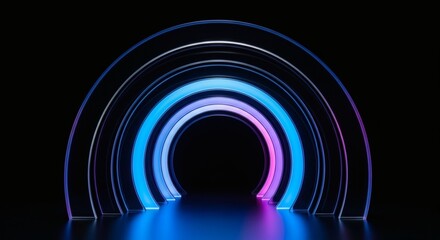Fototapeta premium Neon Arches Tunnel with Blue and Pink Light on Dark Background
