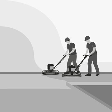Two Workers Polishing Concrete Surface With Power Trowel Machine