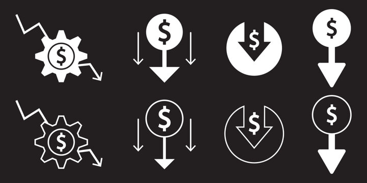 Price concepts, thin line icon set. Symbol collection in transparent background. Editable vector stroke. Cost Reduction Icon Set Vector Collection. Decrease icon set, logo vector 