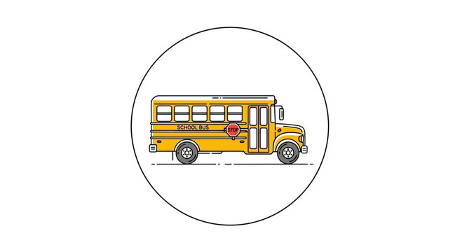Classic yellow school bus flat outline icon representing student transportation and education