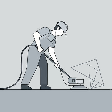 Skilled Worker Polishing Concrete Floor With Machine In Industrial Setting