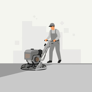 Skilled Worker Polishing Concrete Floor With Power Trowel Machine Professionally