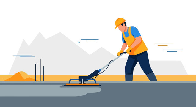 Skilled Worker Polishing Concrete Surface With Rotary Trowel Machine