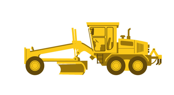 Vector Illustration Of A Yellow Motor Grader On A White Background